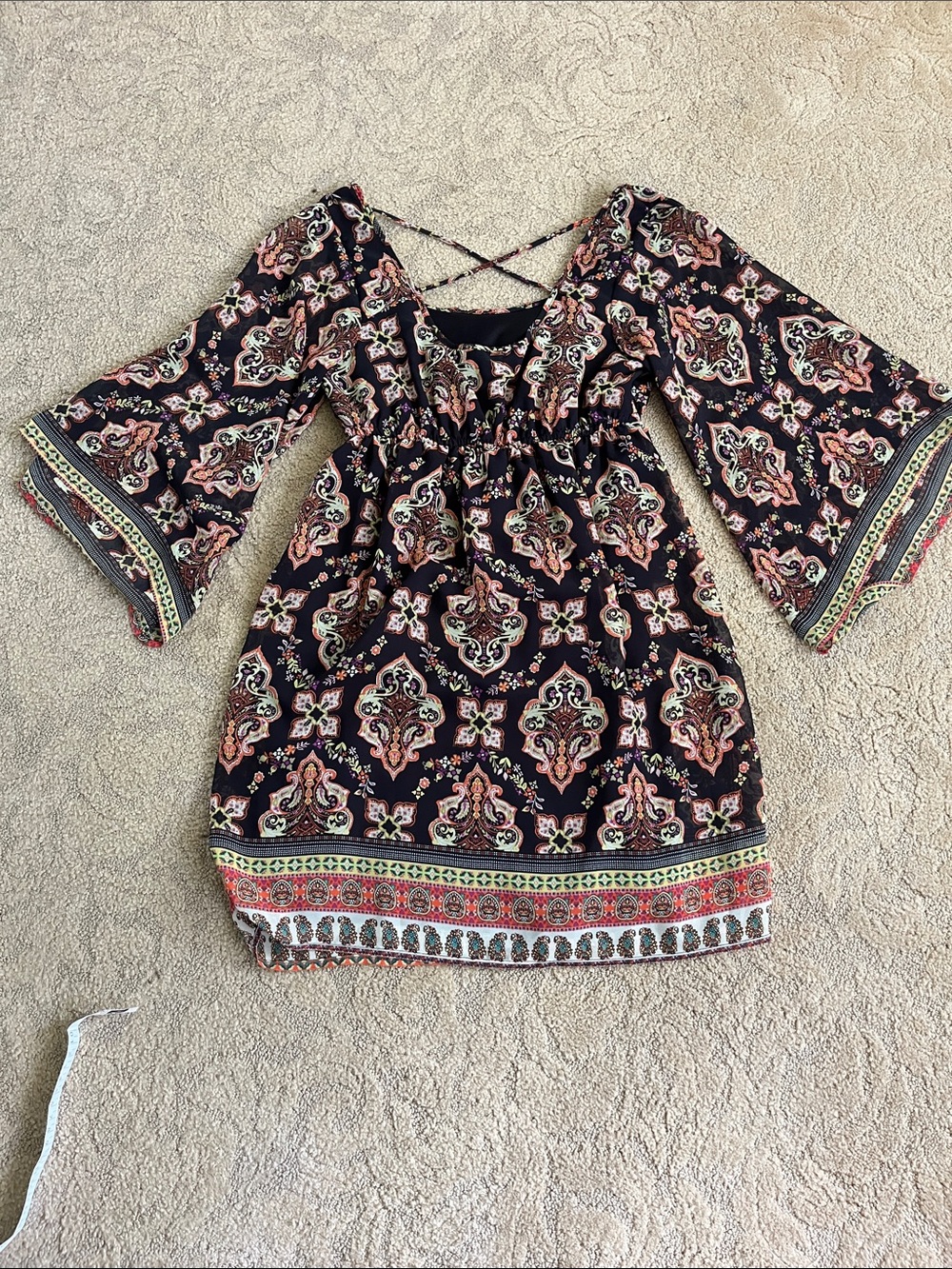 BOHO Black Floral Dress with Bell Sleeves